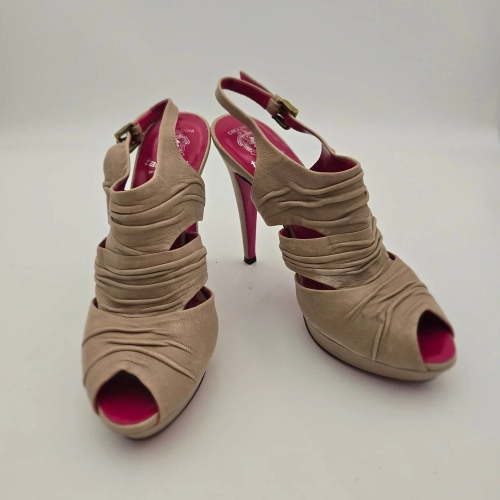 Creazioni Taccetti Beige Ruched Leather Peep‎ Toe Slingback Heels 38/7.5 Italian